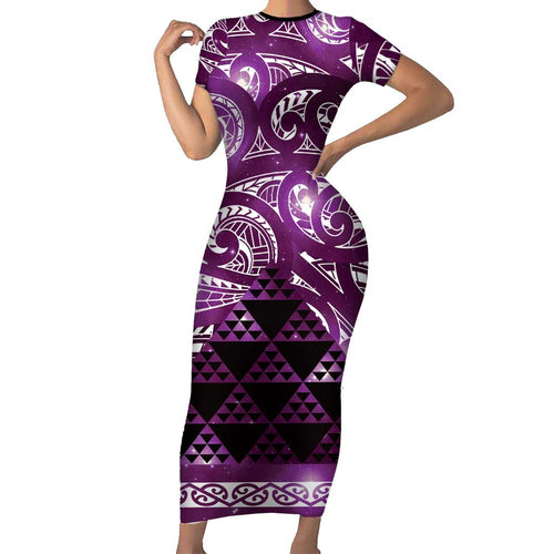 Matariki New Zealand Short Sleeve Bodycon Dress NZ Niho Taniwha Maori New Year Purple Galaxy