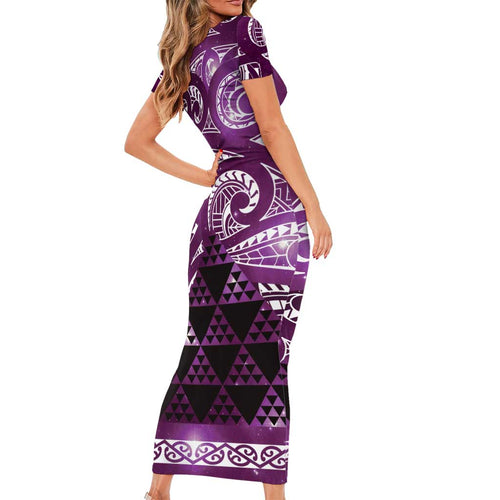 Matariki New Zealand Short Sleeve Bodycon Dress NZ Niho Taniwha Maori New Year Purple Galaxy