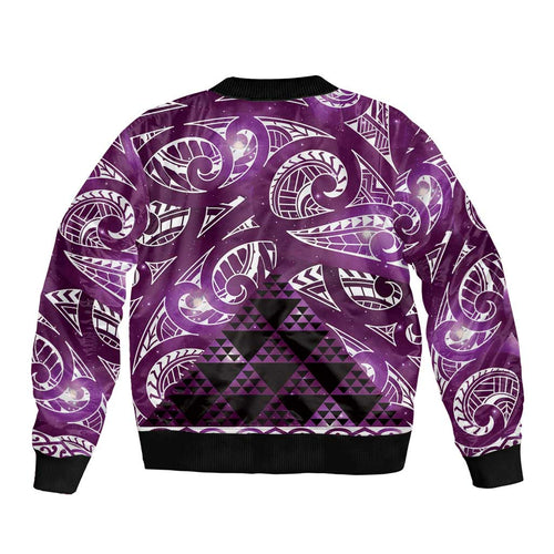 Matariki New Zealand Sleeve Zip Bomber Jacket NZ Niho Taniwha Maori New Year Purple Galaxy