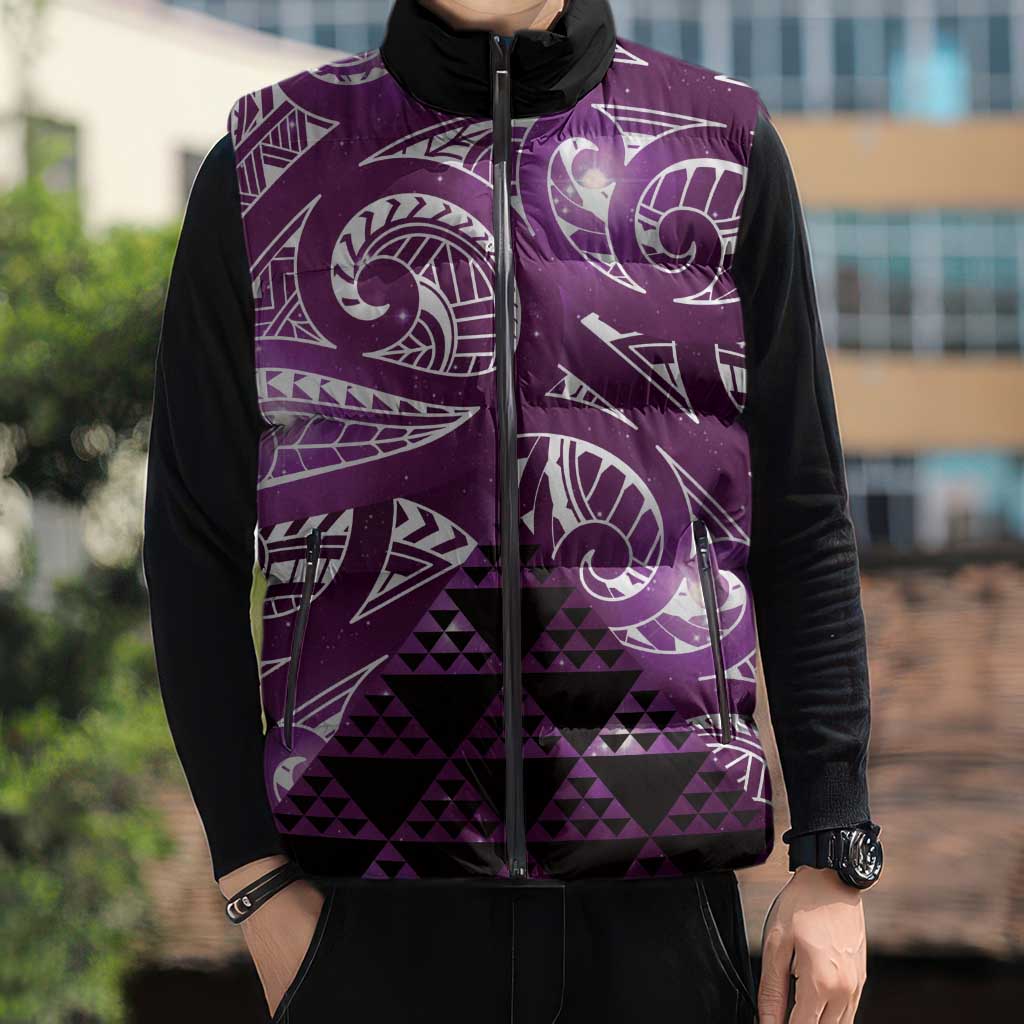 Matariki New Zealand Sleeveless Puffer Jacket NZ Niho Taniwha Maori New Year Purple Galaxy