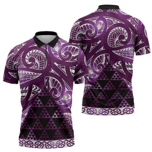 Matariki New Zealand Zipper Polo Shirt NZ Niho Taniwha Maori New Year Purple Galaxy