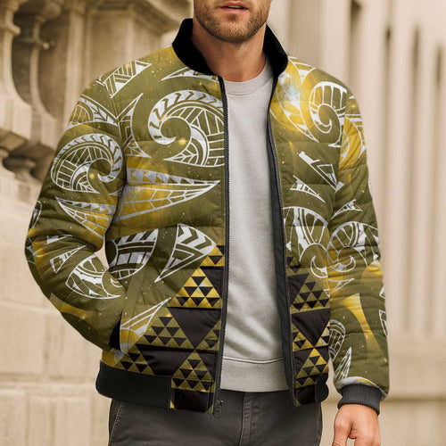 Matariki New Zealand Bomber Puffer Jacket NZ Niho Taniwha Maori New Year Yellow Galaxy