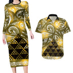 Matariki New Zealand Couples Matching Long Sleeve Bodycon Dress and Hawaiian Shirt NZ Niho Taniwha Maori New Year Yellow Galaxy