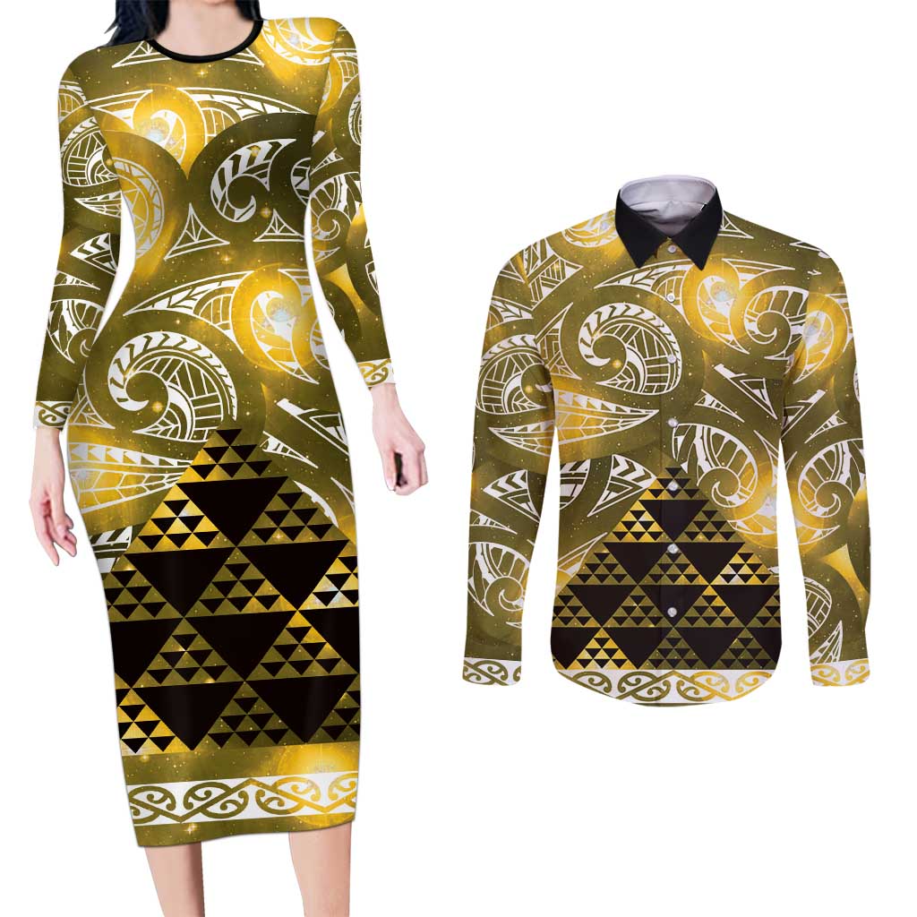 Matariki New Zealand Couples Matching Long Sleeve Bodycon Dress and Long Sleeve Button Shirt NZ Niho Taniwha Maori New Year Yellow Galaxy
