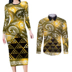 Matariki New Zealand Couples Matching Long Sleeve Bodycon Dress and Long Sleeve Button Shirt NZ Niho Taniwha Maori New Year Yellow Galaxy