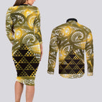 Matariki New Zealand Couples Matching Long Sleeve Bodycon Dress and Long Sleeve Button Shirt NZ Niho Taniwha Maori New Year Yellow Galaxy