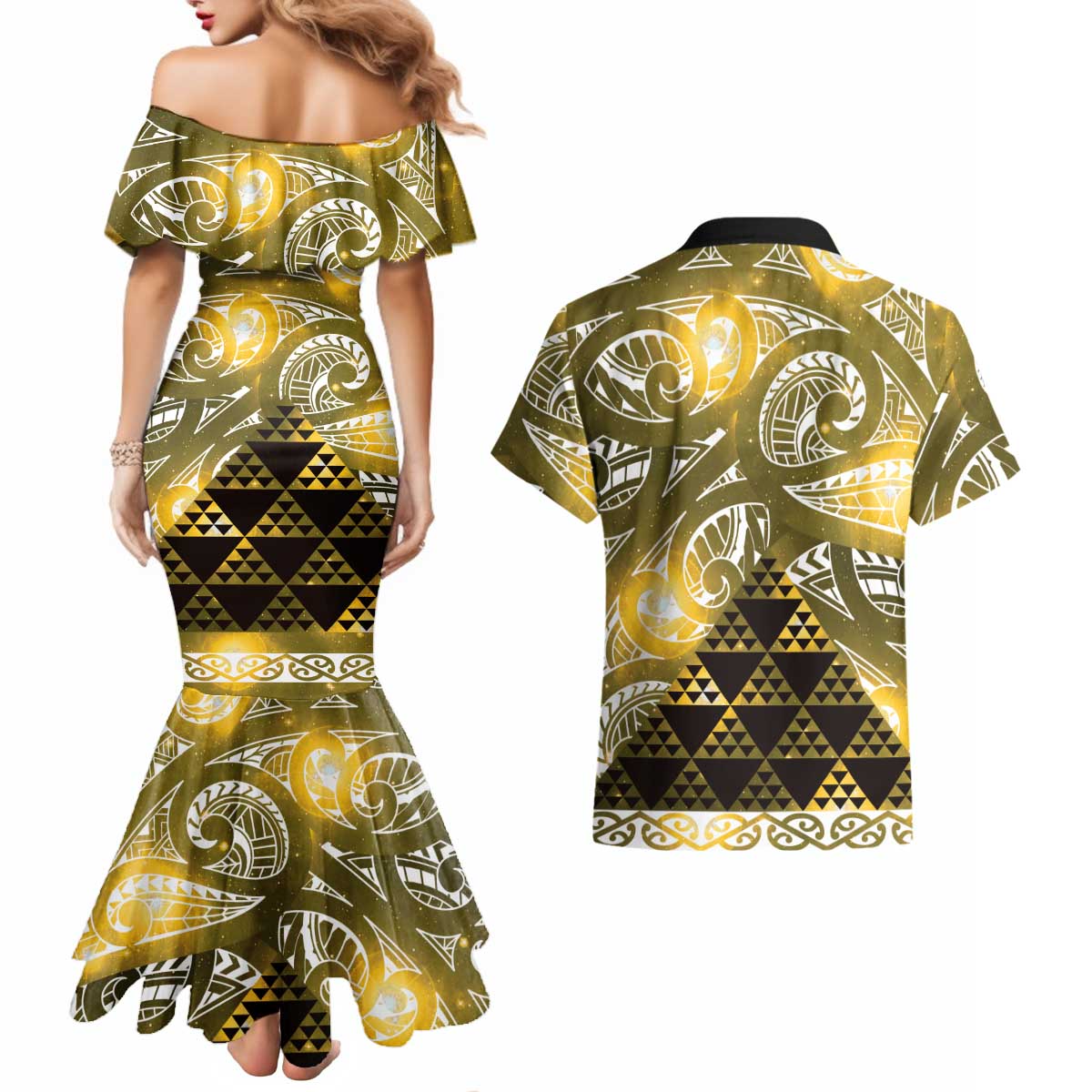 Matariki New Zealand Couples Matching Mermaid Dress and Hawaiian Shirt NZ Niho Taniwha Maori New Year Yellow Galaxy