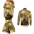 Matariki New Zealand Couples Matching Mermaid Dress and Long Sleeve Button Shirt NZ Niho Taniwha Maori New Year Yellow Galaxy