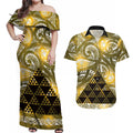 Matariki New Zealand Couples Matching Off Shoulder Maxi Dress and Hawaiian Shirt NZ Niho Taniwha Maori New Year Yellow Galaxy