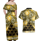 Matariki New Zealand Couples Matching Off Shoulder Maxi Dress and Hawaiian Shirt NZ Niho Taniwha Maori New Year Yellow Galaxy