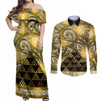 Matariki New Zealand Couples Matching Off Shoulder Maxi Dress and Long Sleeve Button Shirt NZ Niho Taniwha Maori New Year Yellow Galaxy