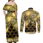 Matariki New Zealand Couples Matching Off Shoulder Maxi Dress and Long Sleeve Button Shirt NZ Niho Taniwha Maori New Year Yellow Galaxy