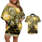 Matariki New Zealand Couples Matching Off Shoulder Short Dress and Hawaiian Shirt NZ Niho Taniwha Maori New Year Yellow Galaxy