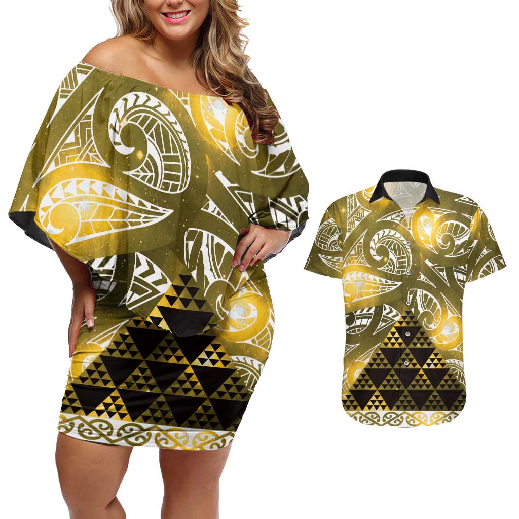 Matariki New Zealand Couples Matching Off Shoulder Short Dress and Hawaiian Shirt NZ Niho Taniwha Maori New Year Yellow Galaxy