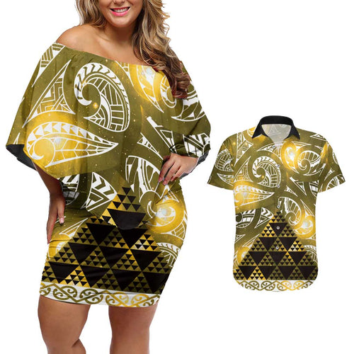 Matariki New Zealand Couples Matching Off Shoulder Short Dress and Hawaiian Shirt NZ Niho Taniwha Maori New Year Yellow Galaxy