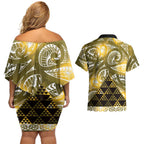 Matariki New Zealand Couples Matching Off Shoulder Short Dress and Hawaiian Shirt NZ Niho Taniwha Maori New Year Yellow Galaxy