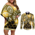 Matariki New Zealand Couples Matching Off Shoulder Short Dress and Long Sleeve Button Shirt NZ Niho Taniwha Maori New Year Yellow Galaxy