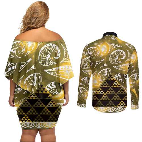 Matariki New Zealand Couples Matching Off Shoulder Short Dress and Long Sleeve Button Shirt NZ Niho Taniwha Maori New Year Yellow Galaxy