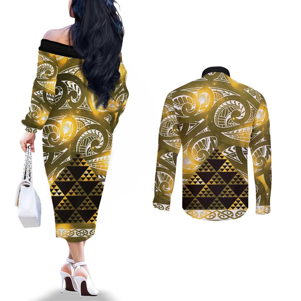 Matariki New Zealand Couples Matching Off The Shoulder Long Sleeve Dress and Long Sleeve Button Shirt NZ Niho Taniwha Maori New Year Yellow Galaxy