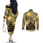 Matariki New Zealand Couples Matching Off The Shoulder Long Sleeve Dress and Long Sleeve Button Shirt NZ Niho Taniwha Maori New Year Yellow Galaxy