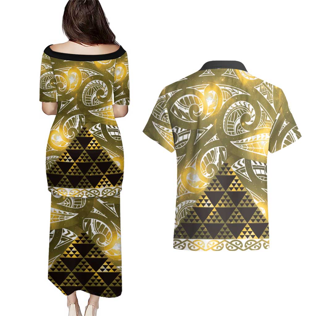 Matariki New Zealand Couples Matching Puletasi and Hawaiian Shirt NZ Niho Taniwha Maori New Year Yellow Galaxy