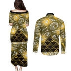 Matariki New Zealand Couples Matching Puletasi and Long Sleeve Button Shirt NZ Niho Taniwha Maori New Year Yellow Galaxy