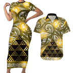 Matariki New Zealand Couples Matching Short Sleeve Bodycon Dress and Hawaiian Shirt NZ Niho Taniwha Maori New Year Yellow Galaxy