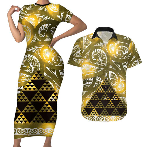 Matariki New Zealand Couples Matching Short Sleeve Bodycon Dress and Hawaiian Shirt NZ Niho Taniwha Maori New Year Yellow Galaxy