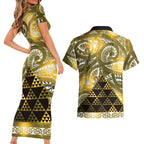 Matariki New Zealand Couples Matching Short Sleeve Bodycon Dress and Hawaiian Shirt NZ Niho Taniwha Maori New Year Yellow Galaxy