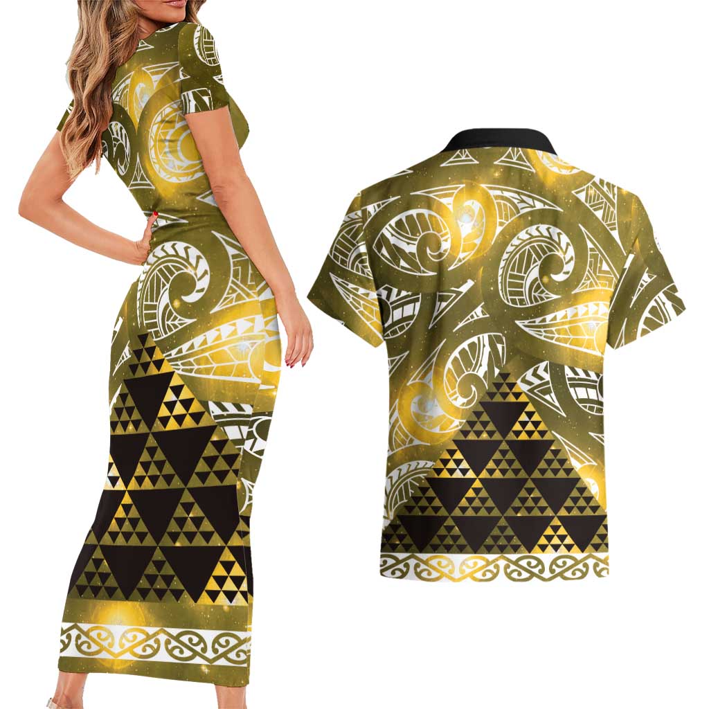 Matariki New Zealand Couples Matching Short Sleeve Bodycon Dress and Hawaiian Shirt NZ Niho Taniwha Maori New Year Yellow Galaxy