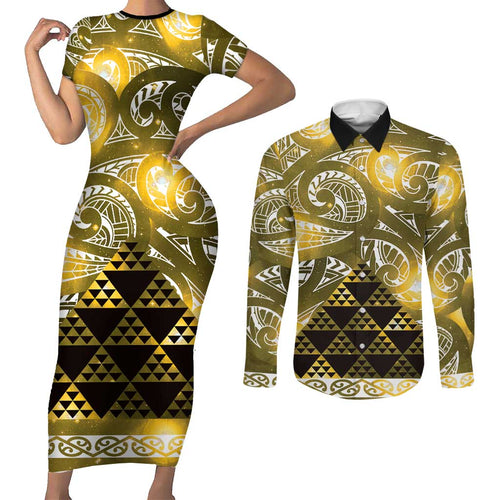 Matariki New Zealand Couples Matching Short Sleeve Bodycon Dress and Long Sleeve Button Shirt NZ Niho Taniwha Maori New Year Yellow Galaxy