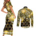 Matariki New Zealand Couples Matching Short Sleeve Bodycon Dress and Long Sleeve Button Shirt NZ Niho Taniwha Maori New Year Yellow Galaxy