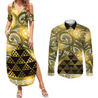 Matariki New Zealand Couples Matching Summer Maxi Dress and Long Sleeve Button Shirt NZ Niho Taniwha Maori New Year Yellow Galaxy