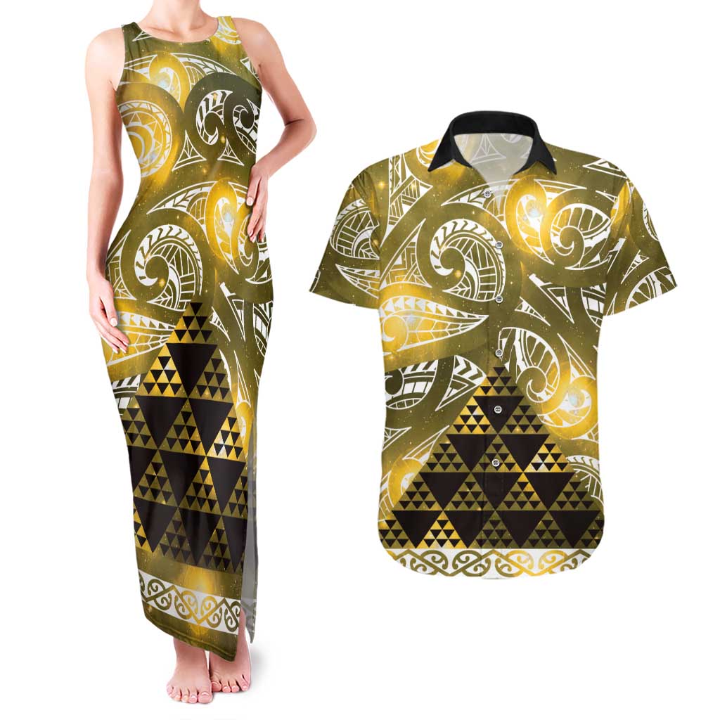 Matariki New Zealand Couples Matching Tank Maxi Dress and Hawaiian Shirt NZ Niho Taniwha Maori New Year Yellow Galaxy