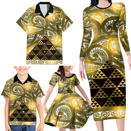Matariki New Zealand Family Matching Long Sleeve Bodycon Dress and Hawaiian Shirt NZ Niho Taniwha Maori New Year Yellow Galaxy