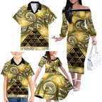 Matariki New Zealand Family Matching Off The Shoulder Long Sleeve Dress and Hawaiian Shirt NZ Niho Taniwha Maori New Year Yellow Galaxy