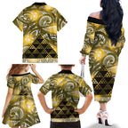 Matariki New Zealand Family Matching Off The Shoulder Long Sleeve Dress and Hawaiian Shirt NZ Niho Taniwha Maori New Year Yellow Galaxy