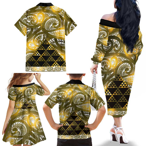 Matariki New Zealand Family Matching Off The Shoulder Long Sleeve Dress and Hawaiian Shirt NZ Niho Taniwha Maori New Year Yellow Galaxy