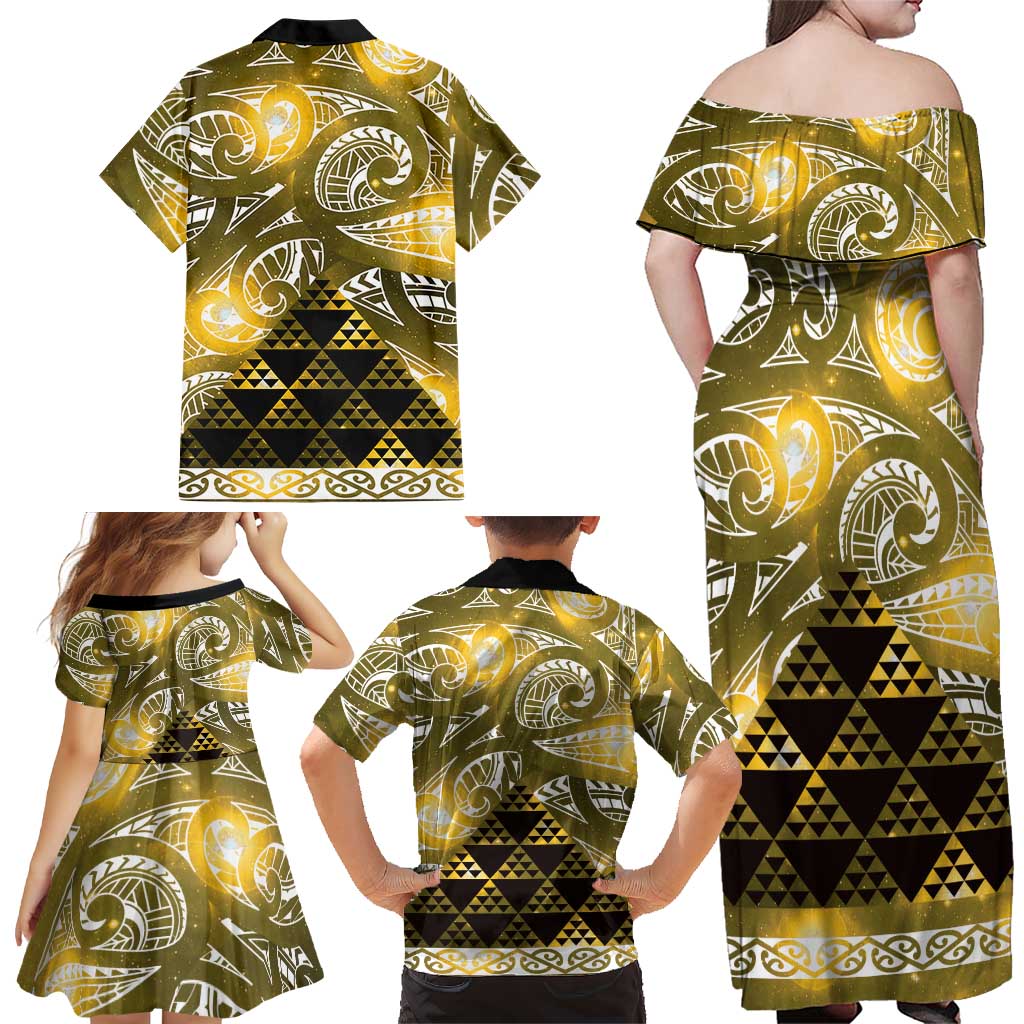 Matariki New Zealand Family Matching Off Shoulder Maxi Dress and Hawaiian Shirt NZ Niho Taniwha Maori New Year Yellow Galaxy