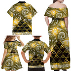 Matariki New Zealand Family Matching Off Shoulder Maxi Dress and Hawaiian Shirt NZ Niho Taniwha Maori New Year Yellow Galaxy