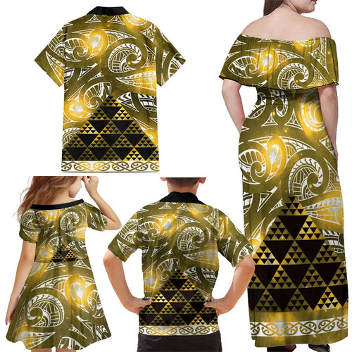 Matariki New Zealand Family Matching Off Shoulder Maxi Dress and Hawaiian Shirt NZ Niho Taniwha Maori New Year Yellow Galaxy