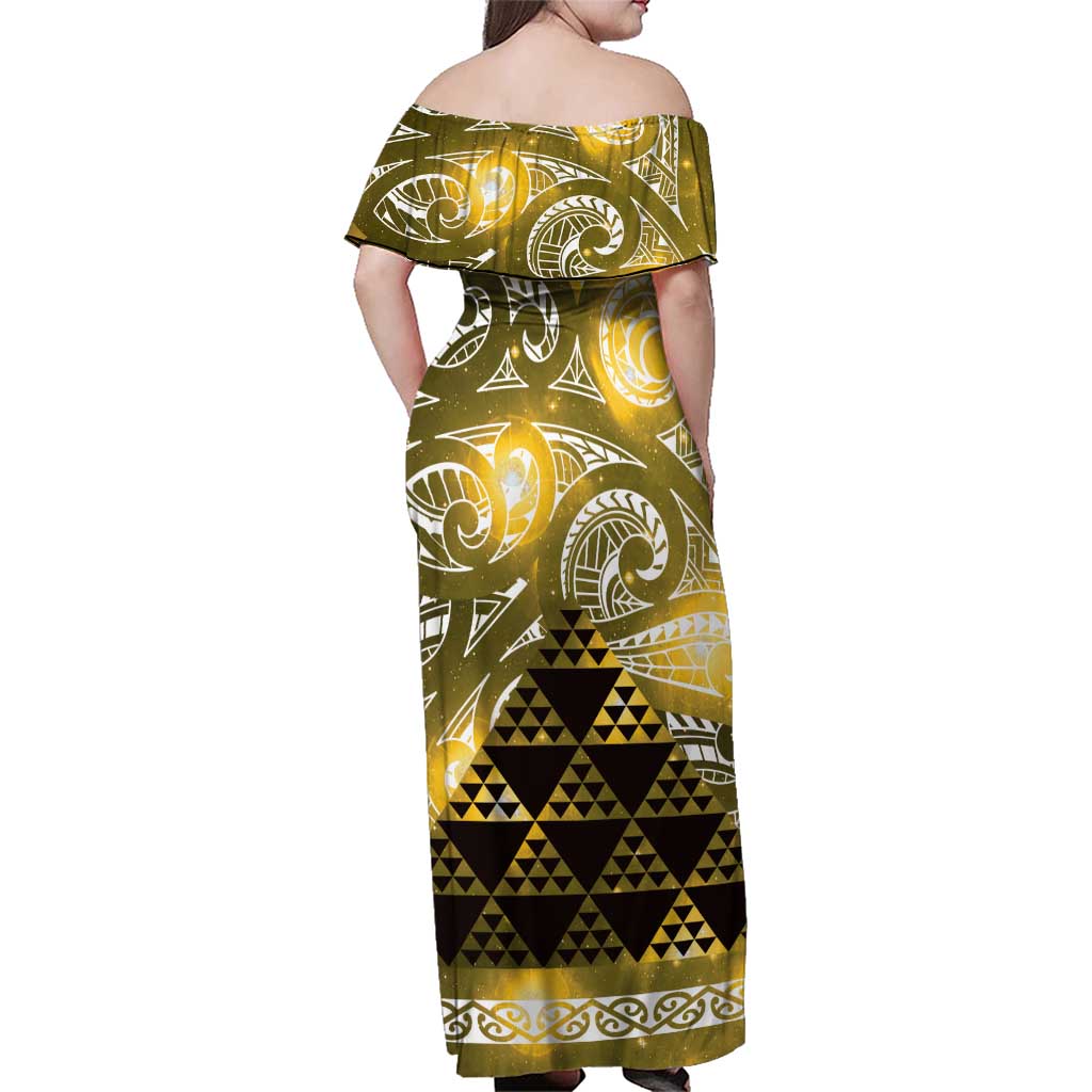 Matariki New Zealand Family Matching Off Shoulder Maxi Dress and Hawaiian Shirt NZ Niho Taniwha Maori New Year Yellow Galaxy