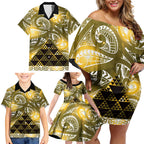 Matariki New Zealand Family Matching Off Shoulder Short Dress and Hawaiian Shirt NZ Niho Taniwha Maori New Year Yellow Galaxy