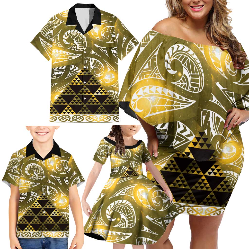 Matariki New Zealand Family Matching Off Shoulder Short Dress and Hawaiian Shirt NZ Niho Taniwha Maori New Year Yellow Galaxy