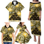 Matariki New Zealand Family Matching Puletasi and Hawaiian Shirt NZ Niho Taniwha Maori New Year Yellow Galaxy