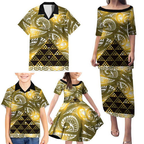 Matariki New Zealand Family Matching Puletasi and Hawaiian Shirt NZ Niho Taniwha Maori New Year Yellow Galaxy