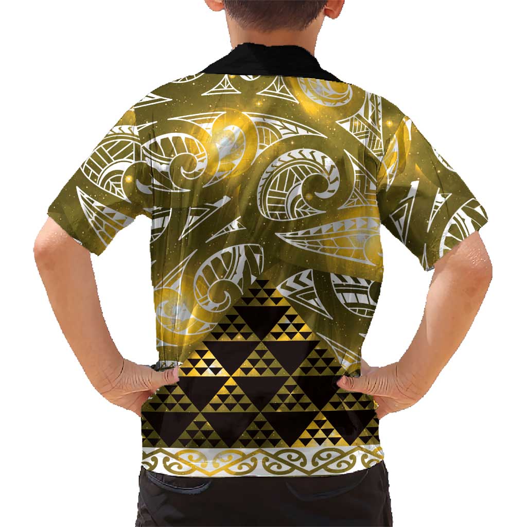 Matariki New Zealand Family Matching Short Sleeve Bodycon Dress and Hawaiian Shirt NZ Niho Taniwha Maori New Year Yellow Galaxy