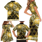Matariki New Zealand Family Matching Short Sleeve Bodycon Dress and Hawaiian Shirt NZ Niho Taniwha Maori New Year Yellow Galaxy