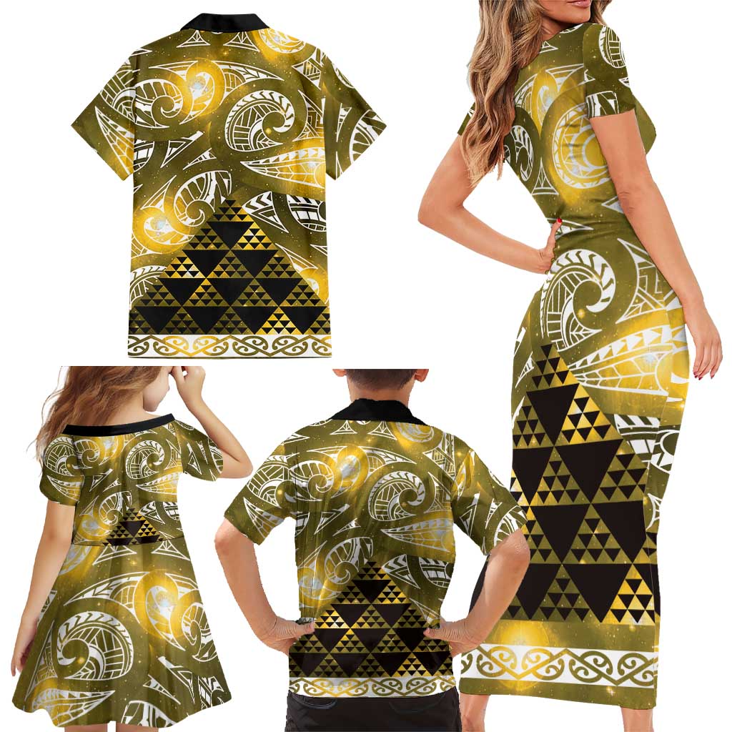 Matariki New Zealand Family Matching Short Sleeve Bodycon Dress and Hawaiian Shirt NZ Niho Taniwha Maori New Year Yellow Galaxy