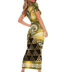 Matariki New Zealand Family Matching Short Sleeve Bodycon Dress and Hawaiian Shirt NZ Niho Taniwha Maori New Year Yellow Galaxy